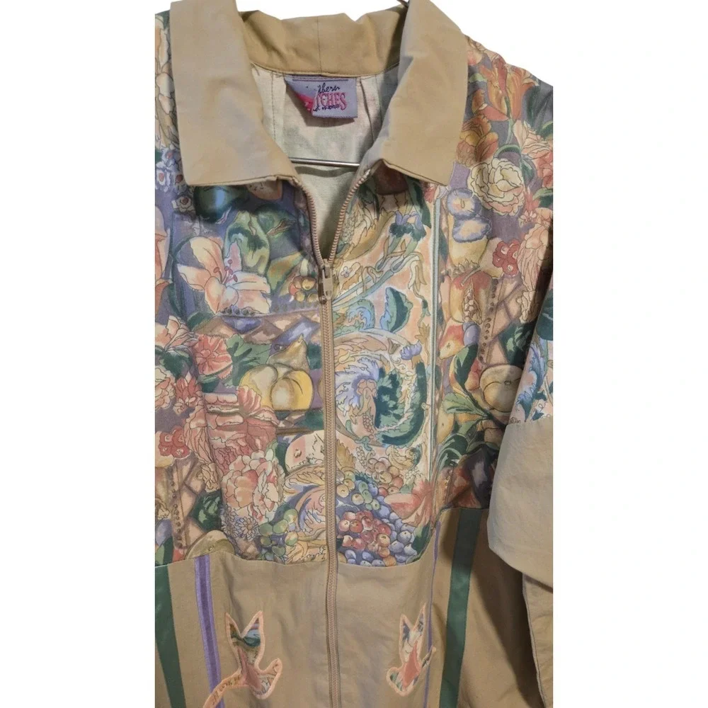 Vintage 90s Country Stitches Art Jacket Birds Floral Tapestry Windbreaker L